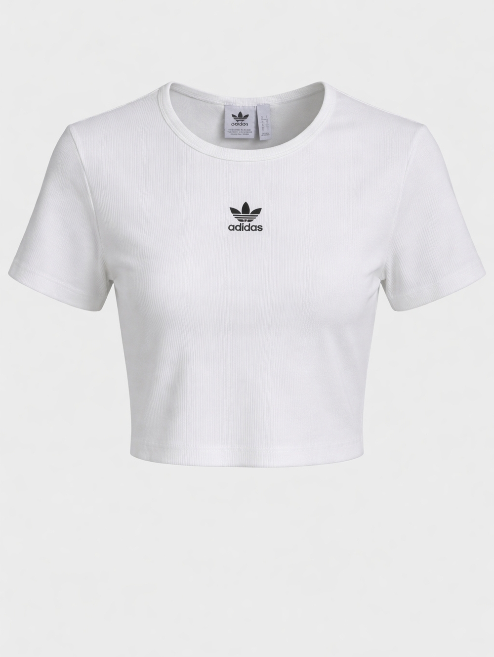 adidas White Ribbed Short Sleeve Crop Tee with Black Trefoil